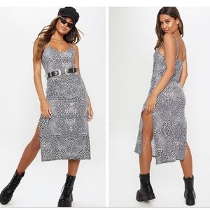 PrettyLittleThing Black Leopard Print Jersey Split Cami Midi Dress (us size 2)